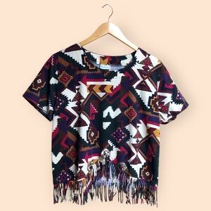 Vintage 70s/80s Backroad Blues Western Aztec Pattern Fringe Concho Top Women M/L
